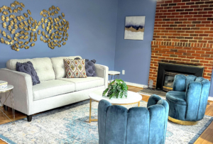 A blue and white living room
