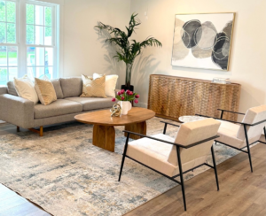 A living room with contemporary furniture and décor